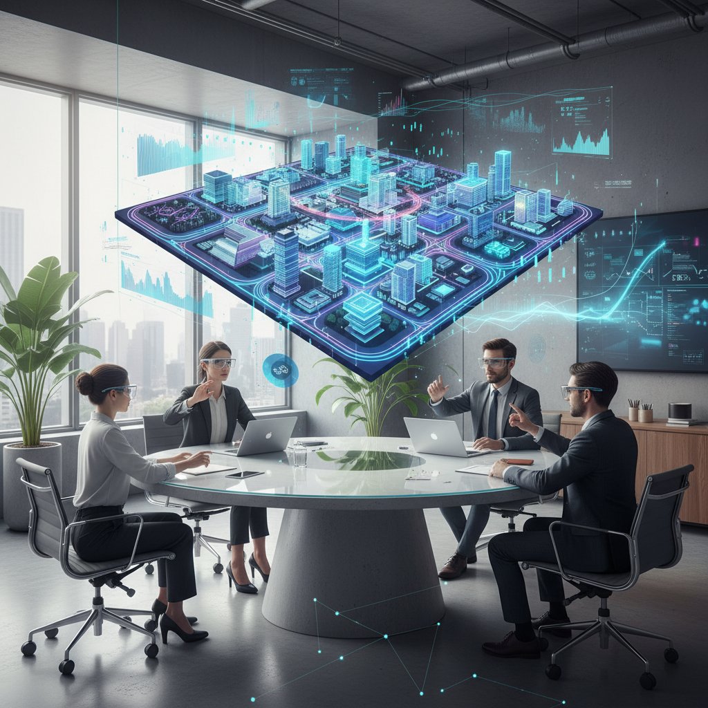 Future trends in report compilation, futuristic photo of people interacting with immersive data visualizations in a virtual environment