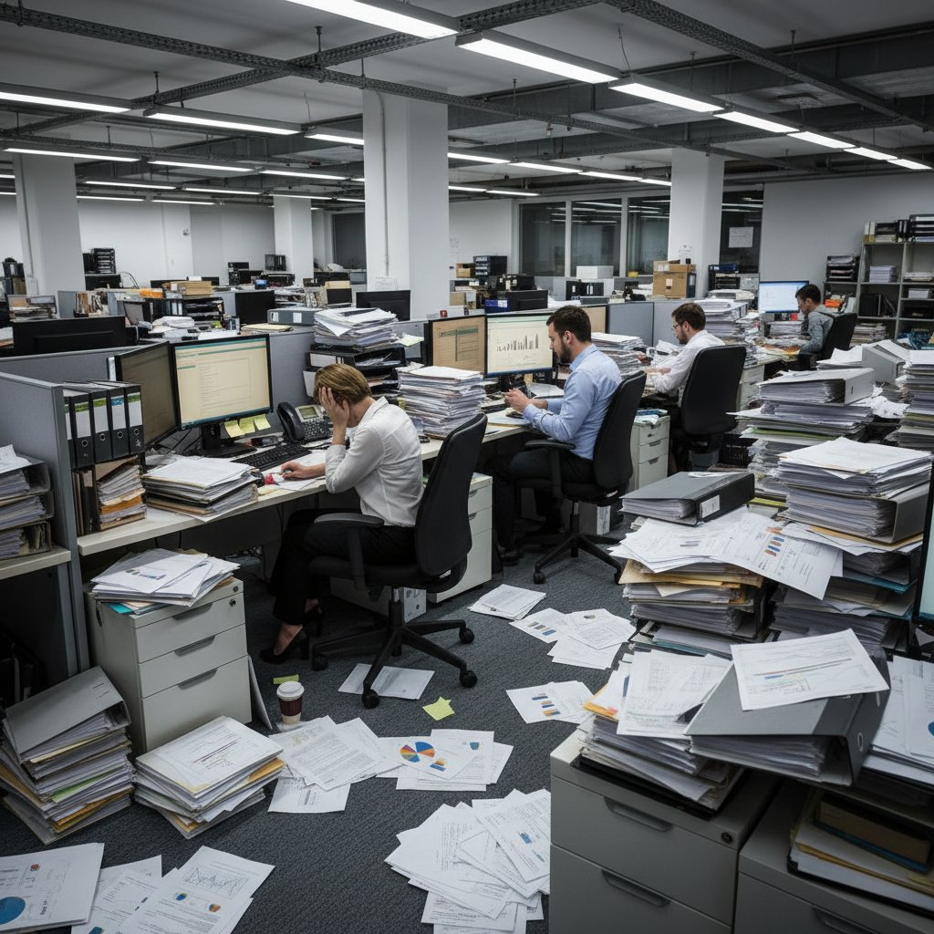 Overwhelmed employees facing report chaos in a dim, cluttered office with stacks of papers and stressed body language, illustrating the burden of poor report compilation
