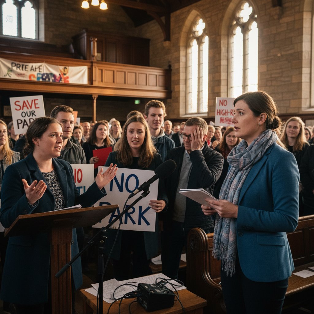 Reporterska scena w polskim miasteczku, lokalni mieszkańcy na spotkaniu rady miasta, emocje na twarzach, jeden dziennikarz robi notatki