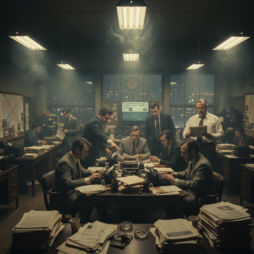 Reporters with notepads in smoke-filled newsroom, vintage investigation movie look, tense high-stakes