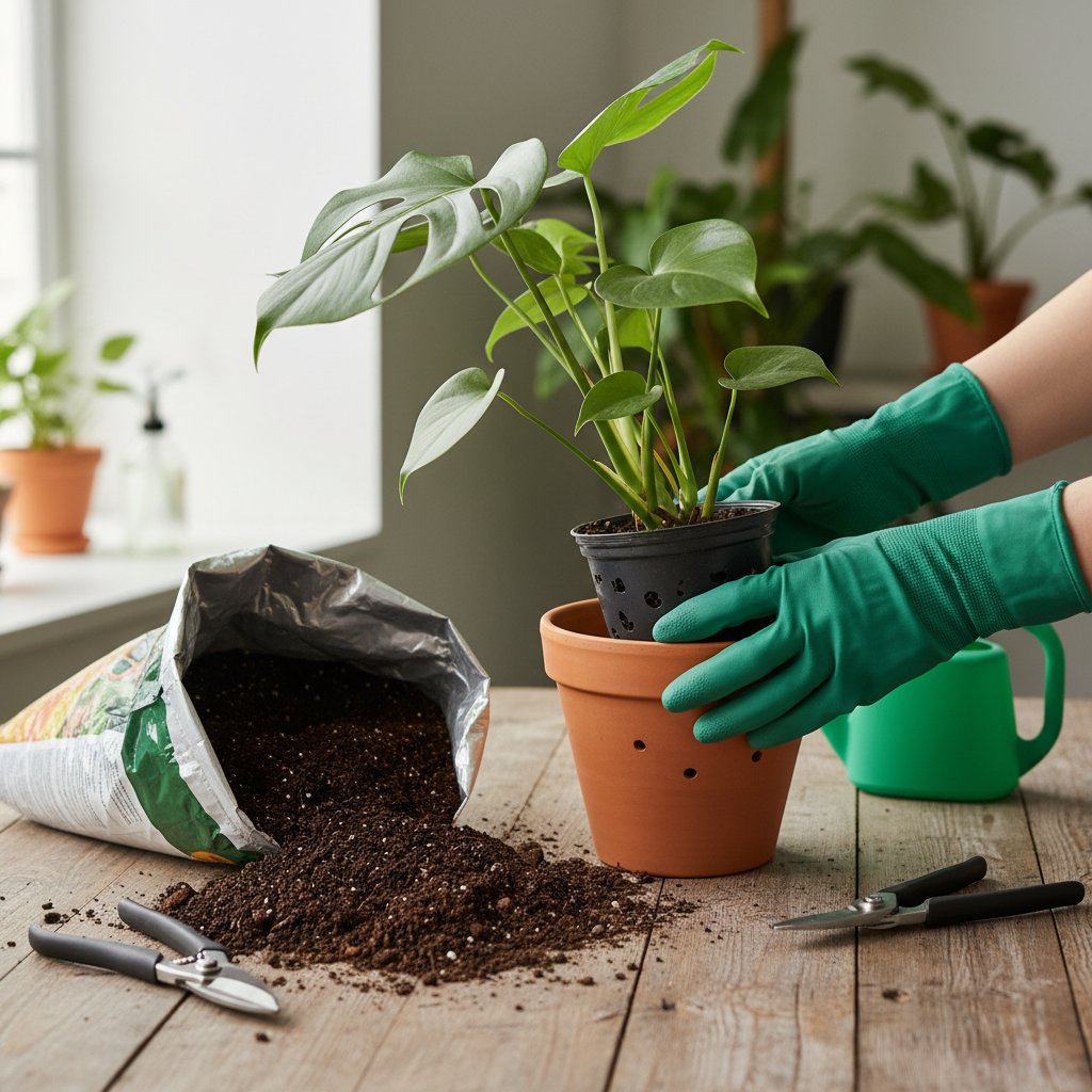 Proces przesadzania rośliny doniczkowej, krok po kroku, dłonie w rękawiczkach