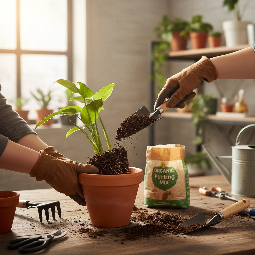 Ręka przesadzająca roślinę do większej doniczki, widoczna struktura ziemi, narzędzia ogrodnicze