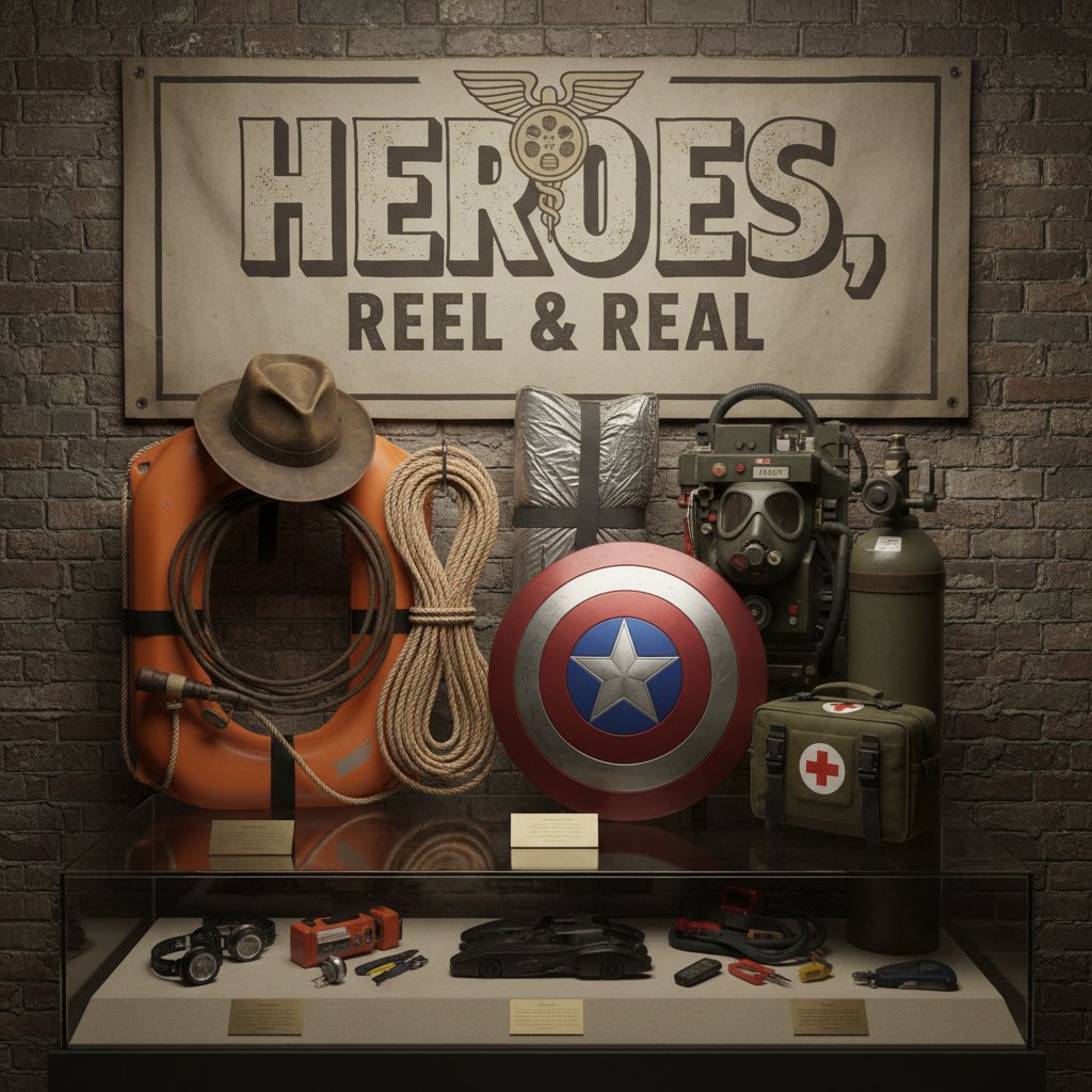 Collage of rescue movie memorabilia and real rescue equipment, symbolic, rescue movie genre culture