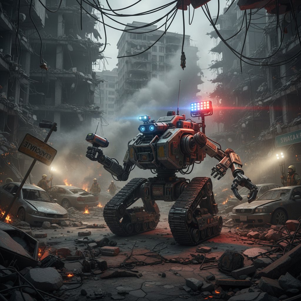 Robot ratowniczy w gruzach po katastrofie, widoczne uszkodzenia, światło awaryjne