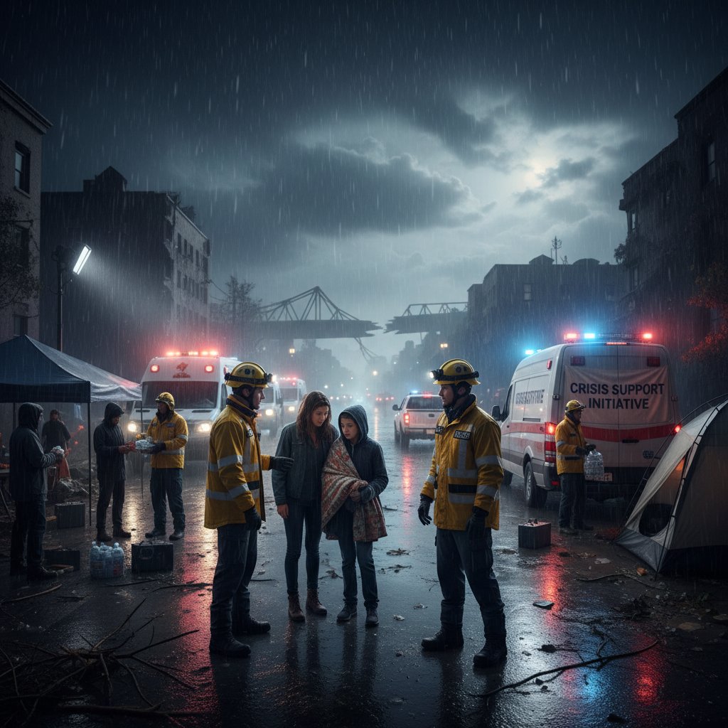 Zespół ratowników w akcji nocą, szybka reakcja, wsparcie online w tle