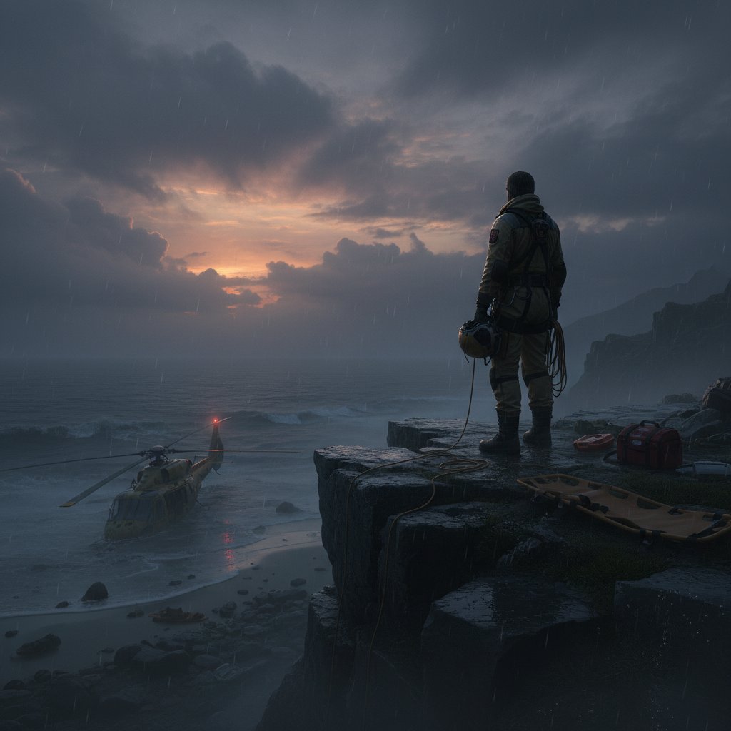 Ratownik po akcji ratunkowej, zamyślony, portret w przytłumionym świetle