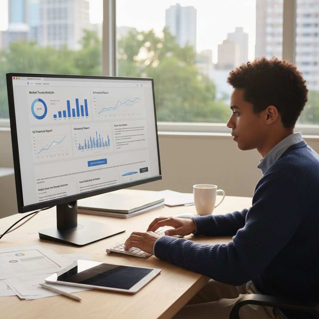 Research analyst updating online portfolio at home