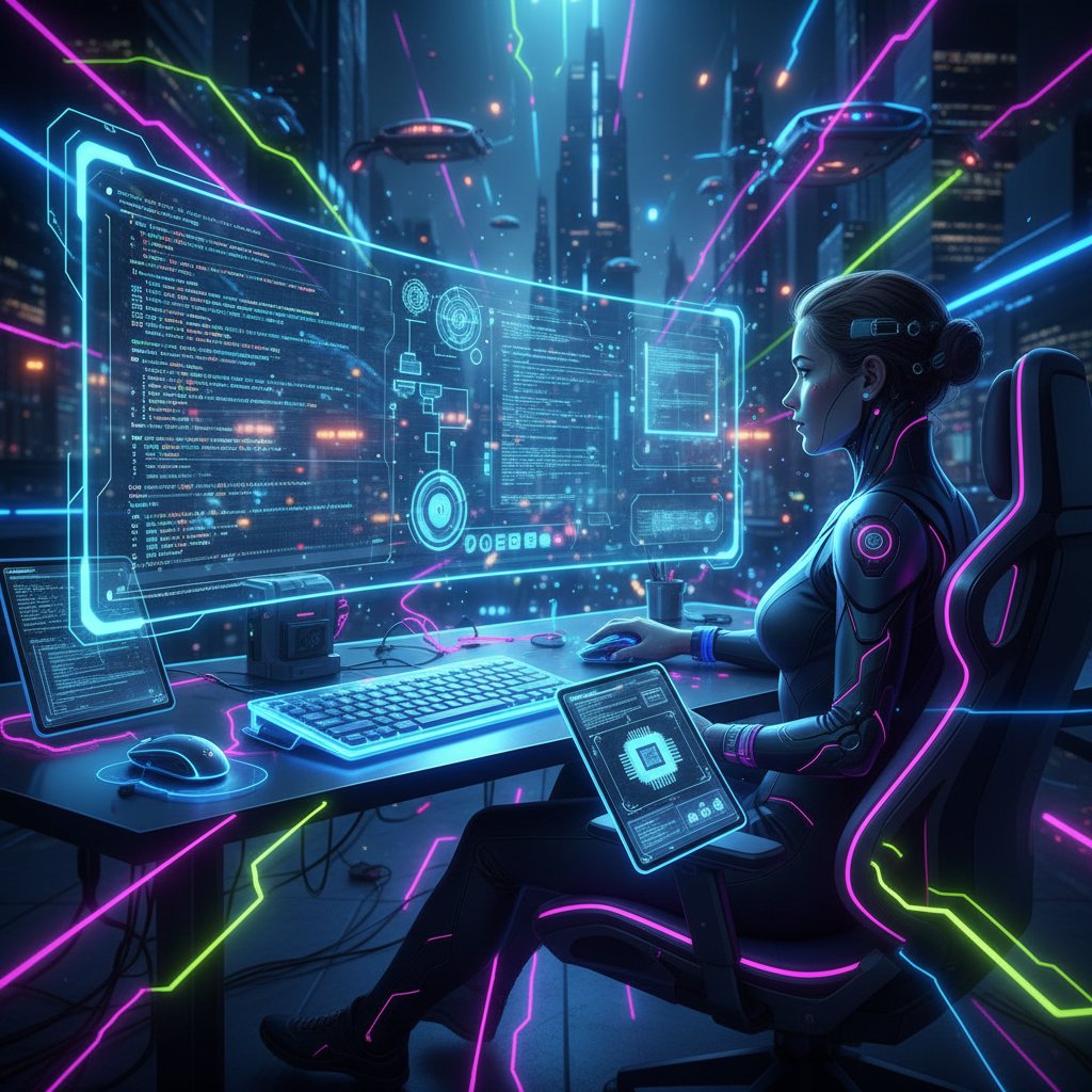 Vibrant image of research assistant studying with multiple devices, screens showing coding interface, AI, and research tools