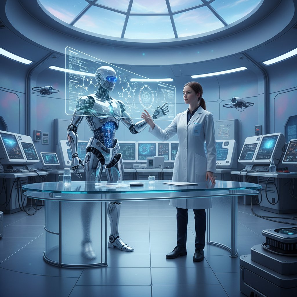 Research assistant collaborating with AI tool in lab, future of research assistant careers