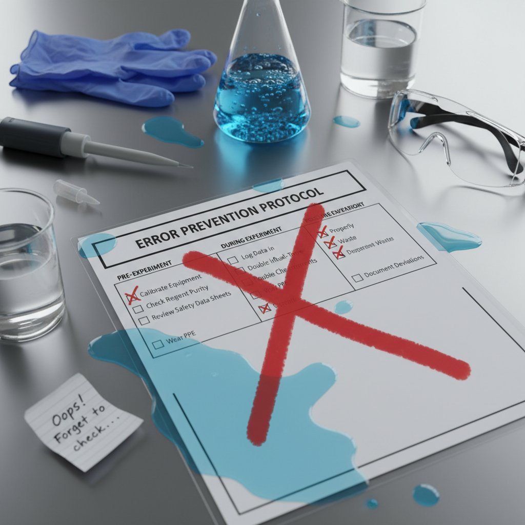 Research error prevention checklist, hands checking tasks with lab gear in background