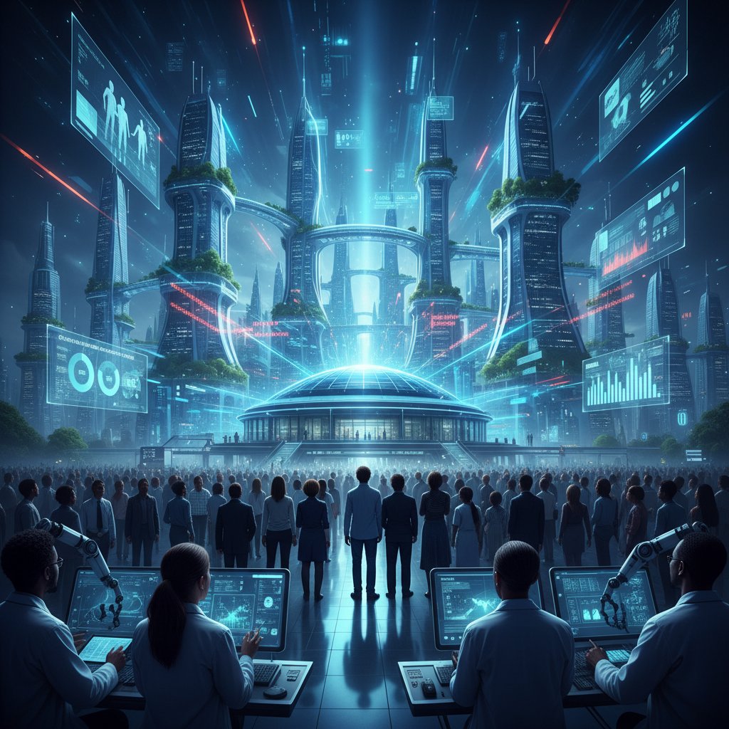 Photo: Research data projections illuminating urban buildings, symbolizing the societal reach of digital analysis