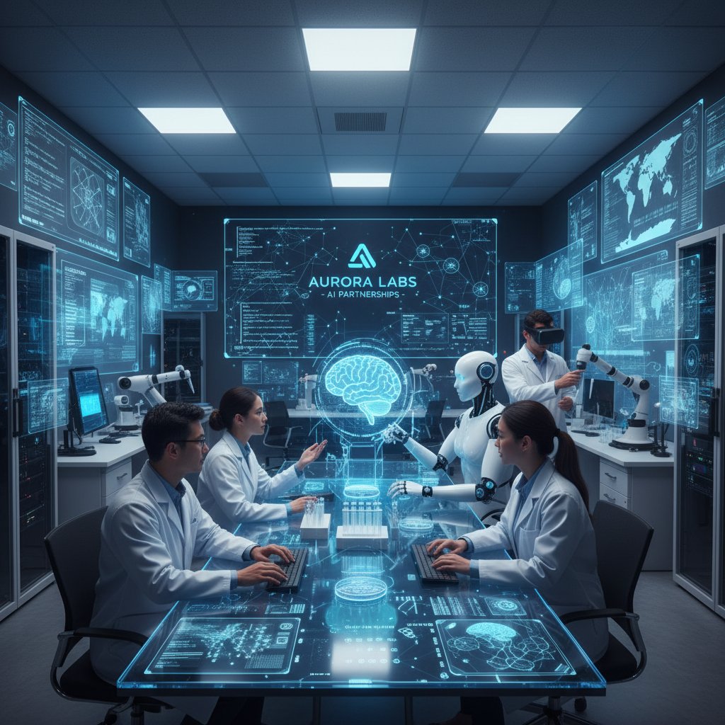 A diverse research team gathered around a table, each using laptops with an AI assistant interface, showing collaborative workflow