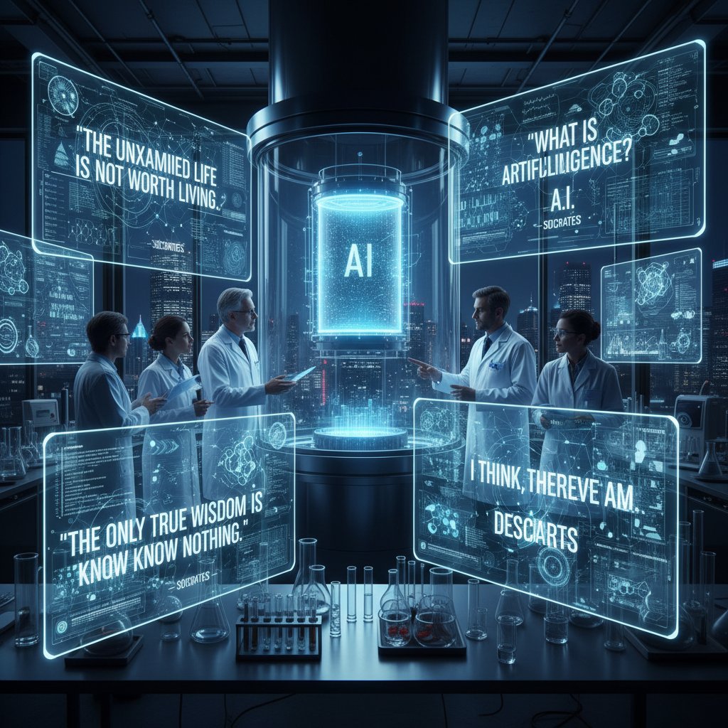 Laboratorium badawcze z naukowcami analizującymi działania AI, w tle tablica z filozoficznymi cytatami