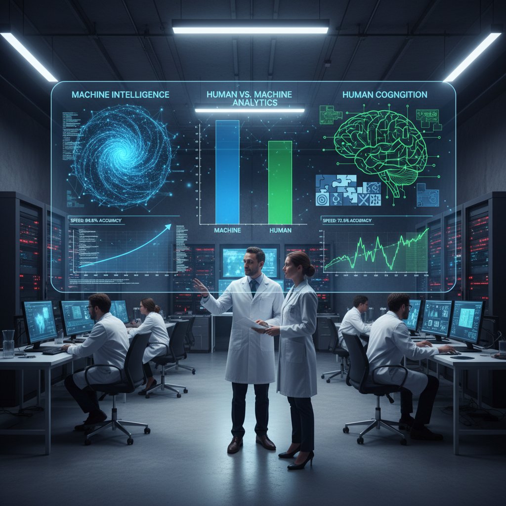 Laboratorium badawcze, naukowcy analizują dane AI, kontrast człowieka i maszyny