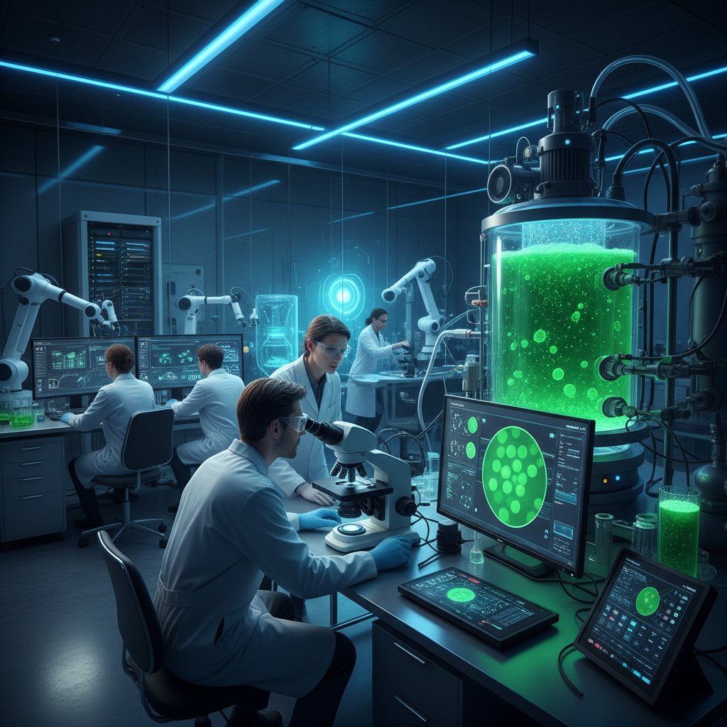 Laboratorium badawcze, naukowcy analizujący próbki chlorelli, mikroskopy, nowoczesne technologie