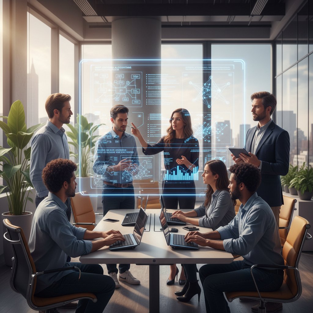Photo of a diverse research team brainstorming with a large AI-powered digital whiteboard in a modern collaborative space