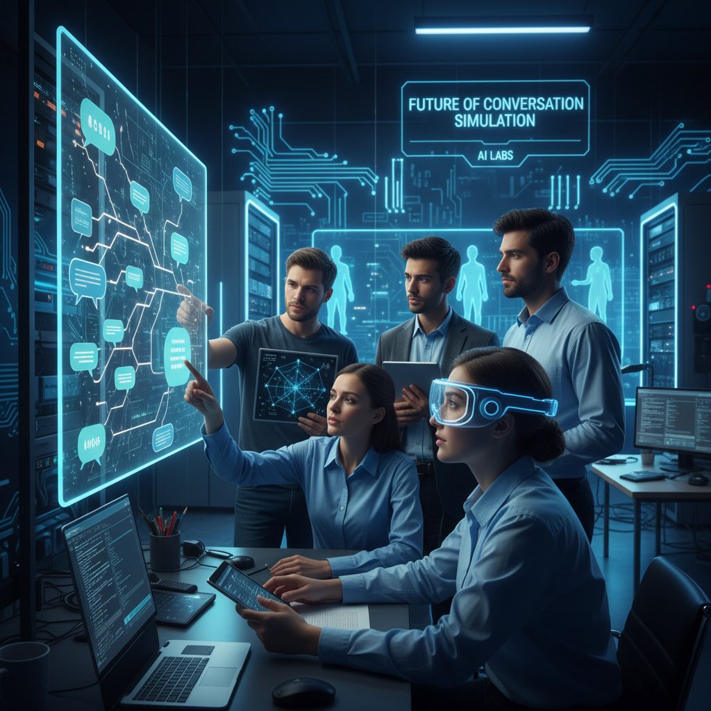 Zespół badaczy pracujący nad AI w nowoczesnym laboratorium, keywords: trendy AI, rozwój technologii, przyszłość symulacji rozmowy