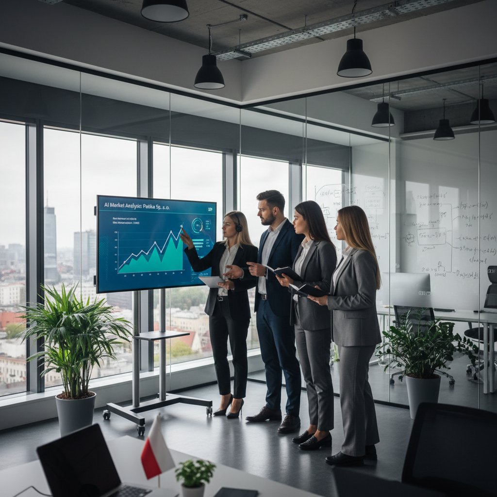 Zespół badawczy korzystający z narzędzi AI do analizy rynku, nowoczesne rozwiązania w polskiej firmie