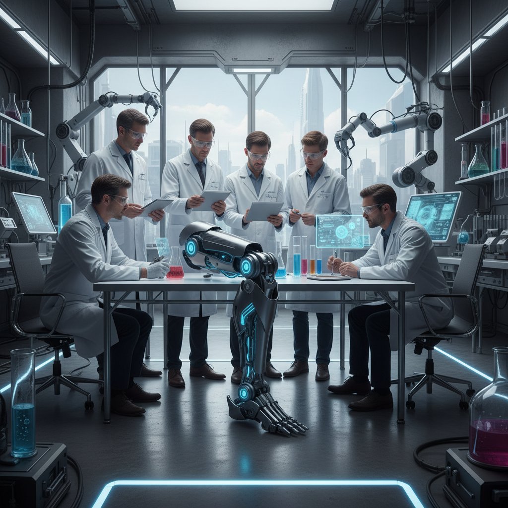 Zespół badawczy pracujący nad nową generacją protez bionicznych, zaawansowane laboratorium