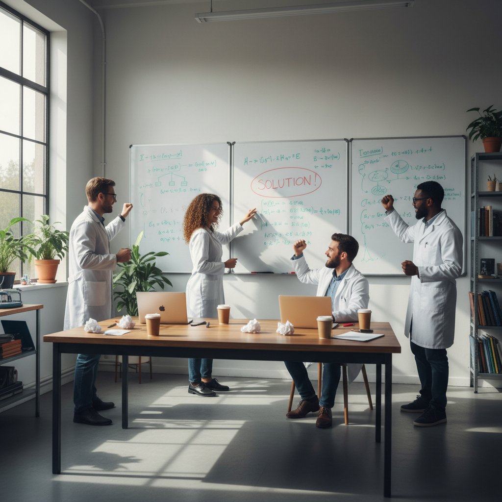 Team celebrates research breakthrough after overcoming workflow chaos, surrounded by messy whiteboards and coffee cups