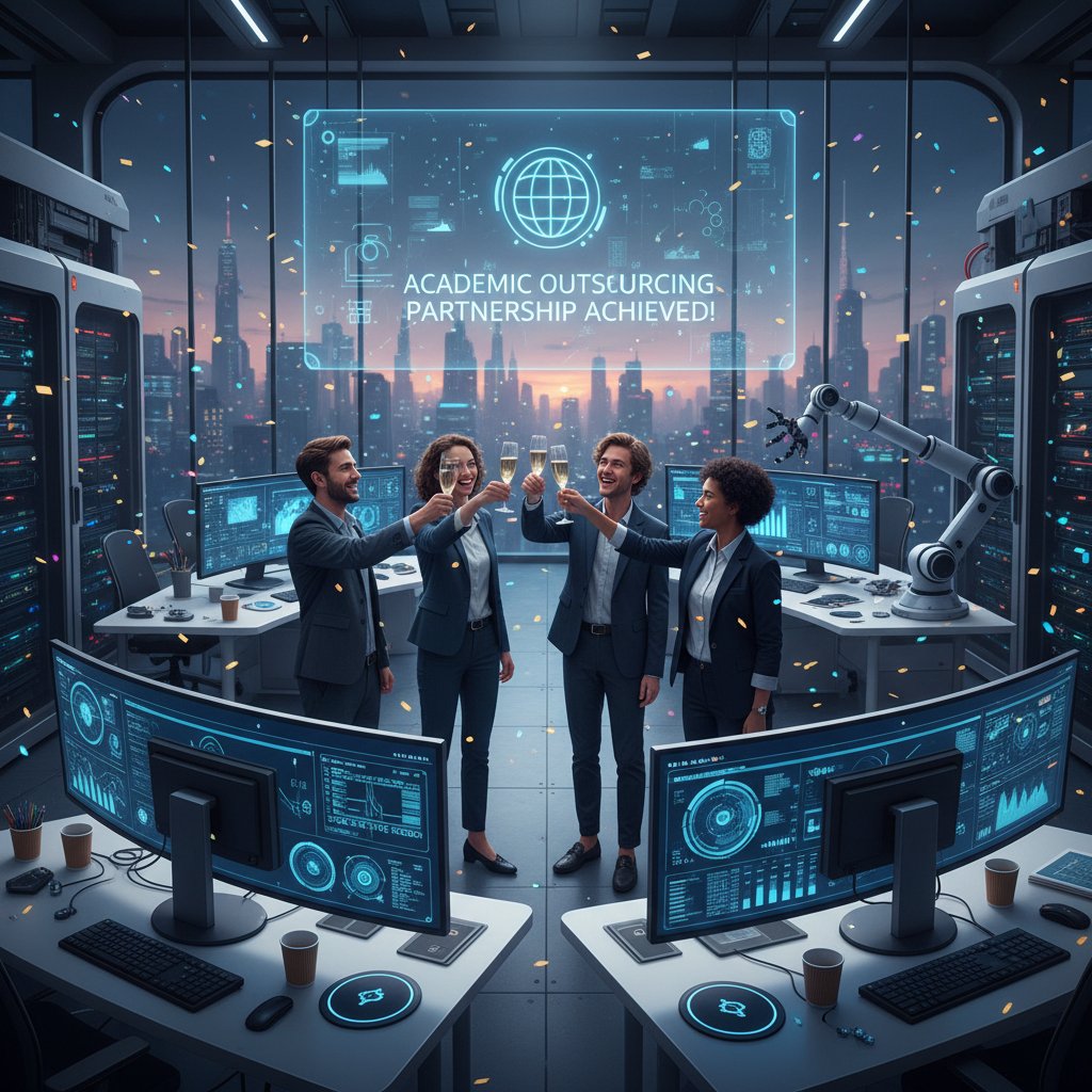 Photo of a research team celebrating breakthrough in academic outsourcing, diverse group in high-tech workspace