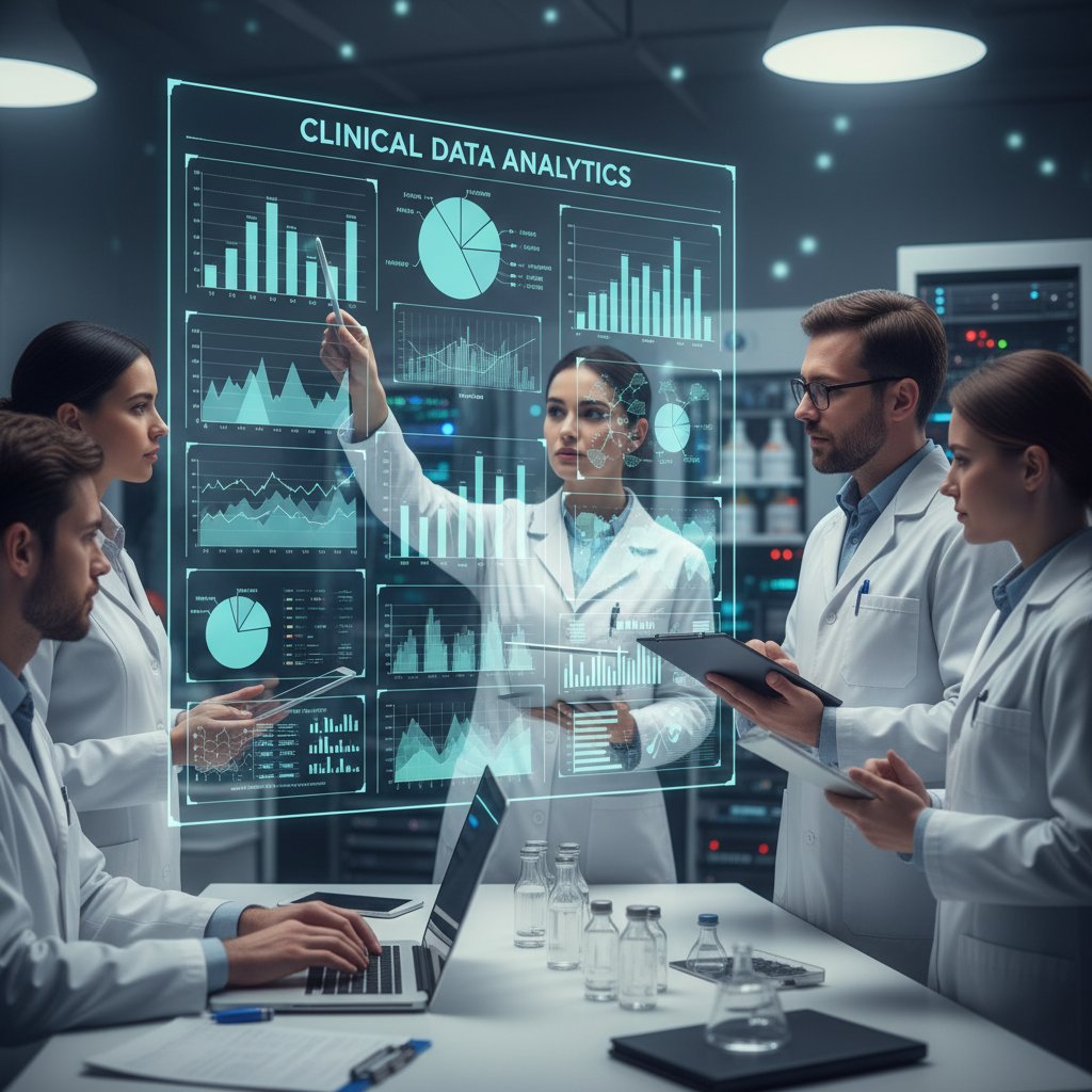 Zespół badawczy podczas analizy danych klinicznych, tablica z wykresami i analizami