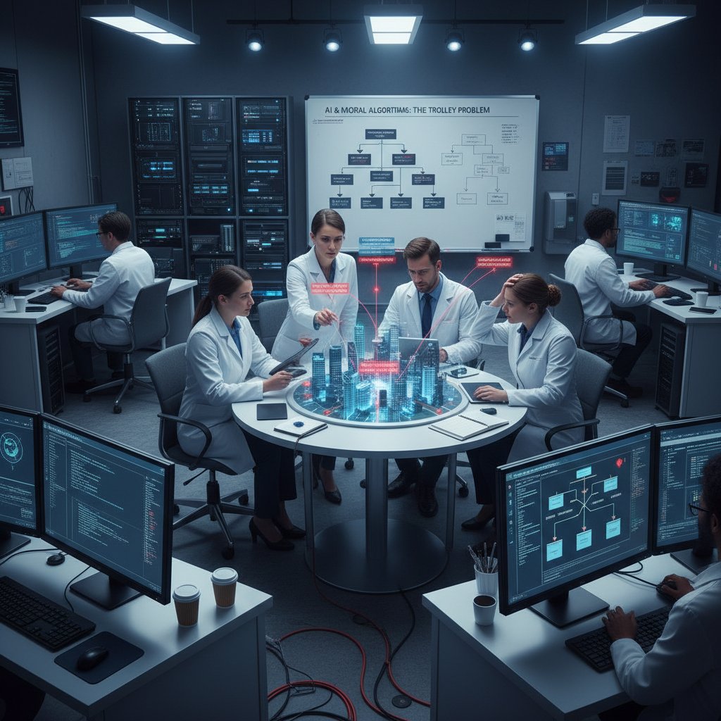 Zespół badaczy przy komputerach analizujących dylematy moralne AI