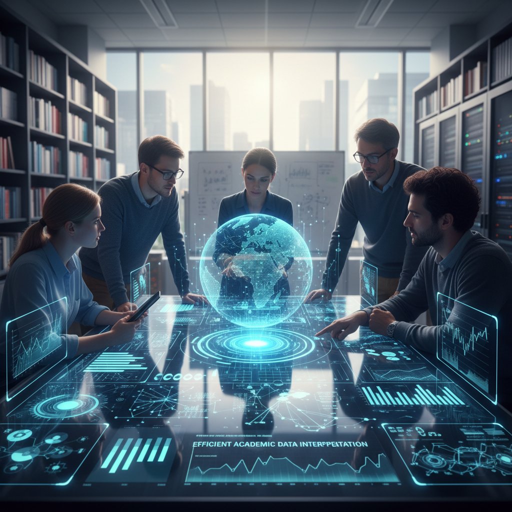 Celebratory photo of research team in a modern lab with data visualizations on screens, efficient academic data interpretation