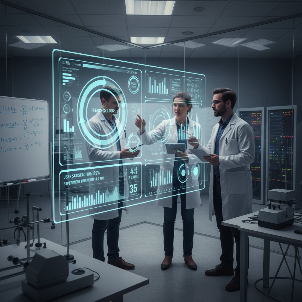 A photo of a research team gathered around a digital dashboard, discussing feedback to improve research quality