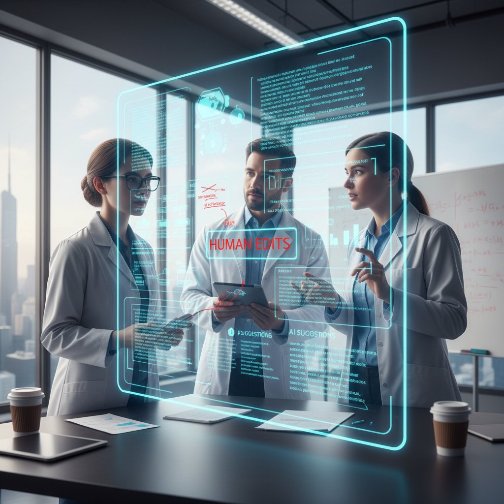 A research team collaborating over a digitally annotated paper, AI suggestions and human edits visible