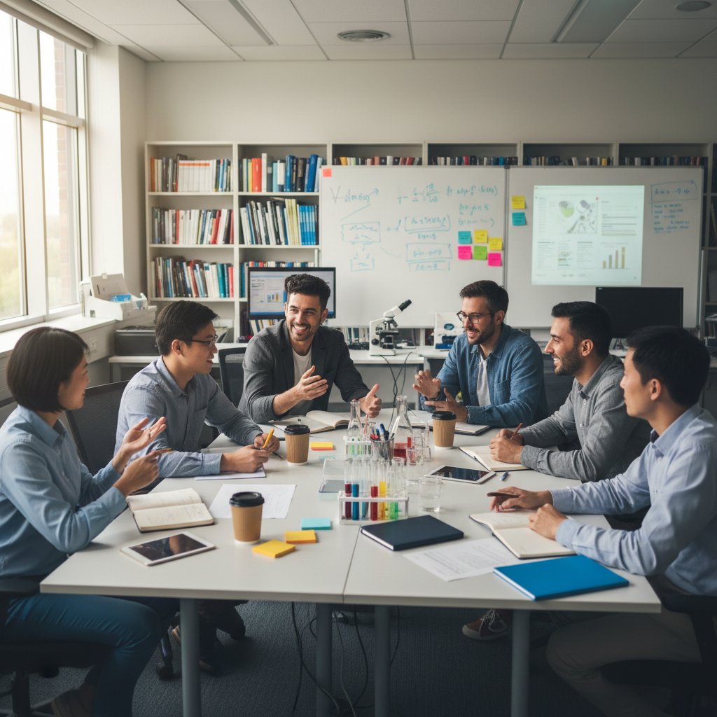 Diverse academic research team brainstorming together in a bright, collaborative workspace