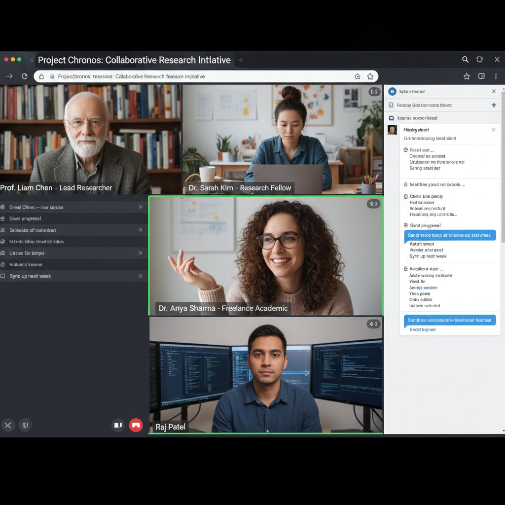 Multinational team collaborating on research project via video call, freelance scholarly research assistant, virtual team