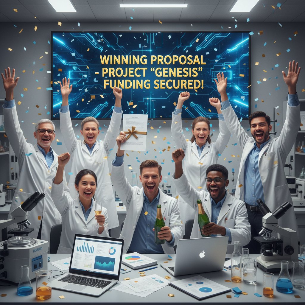 Team of diverse researchers celebrating after receiving a grant for their well-crafted proposal