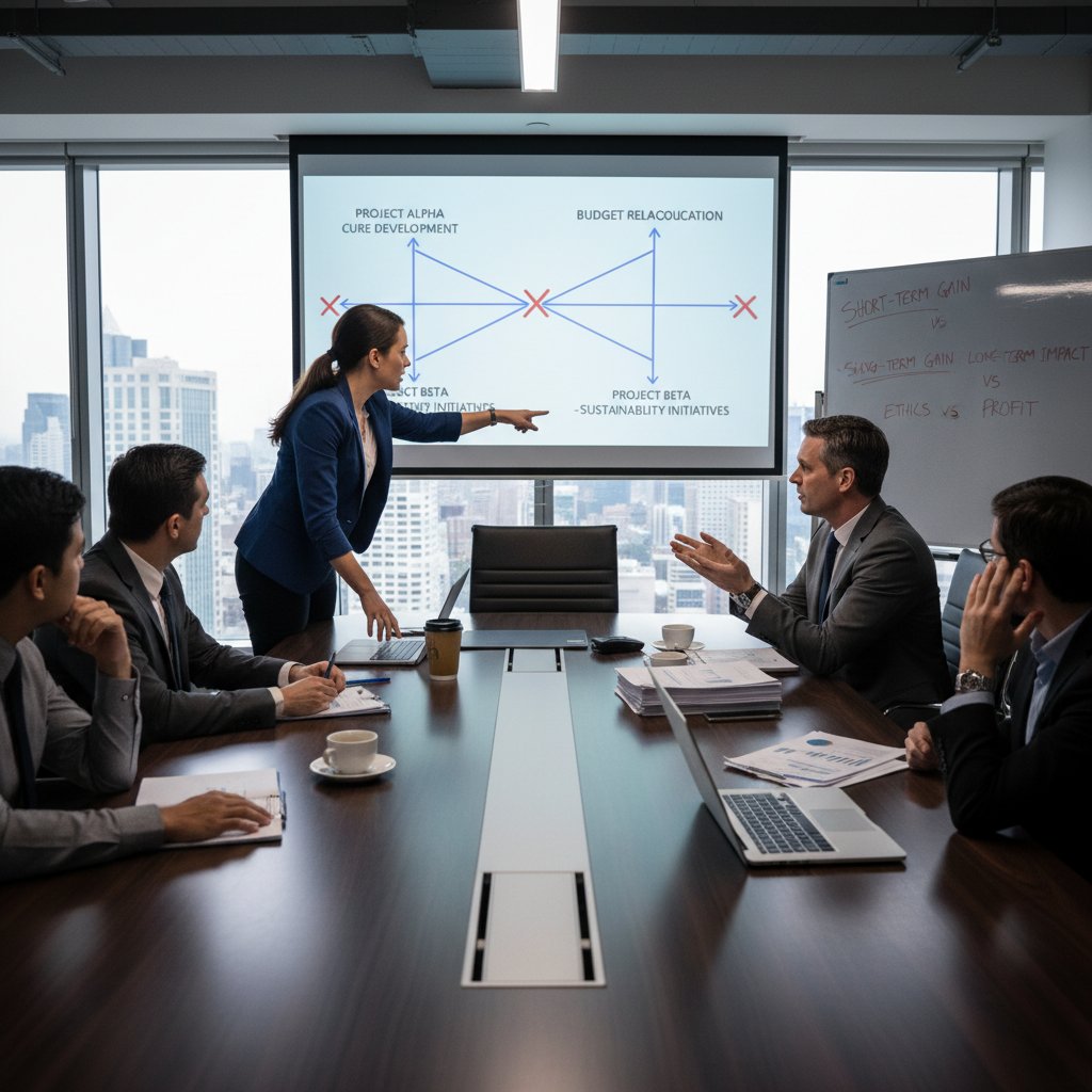 Photo depicting a tense research team meeting, people arguing over objectives written on a whiteboard.