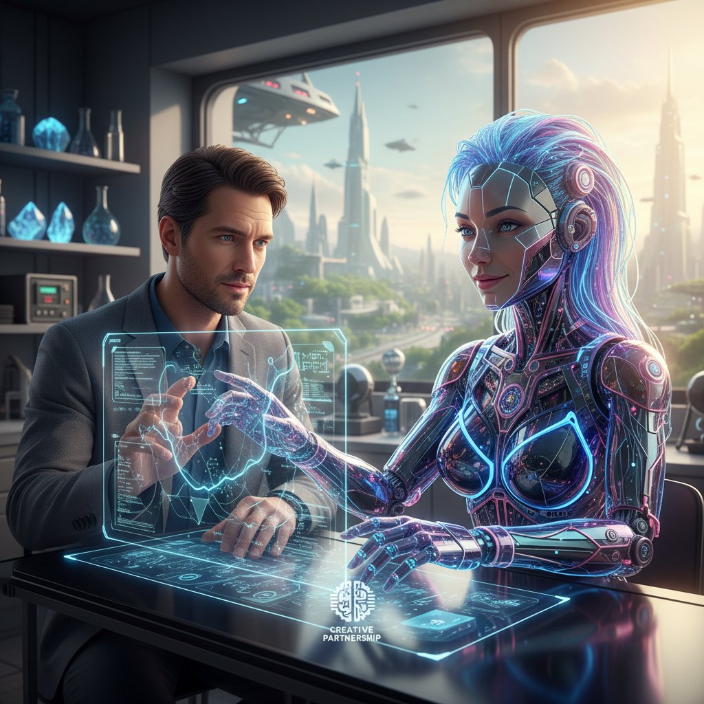 Symbolic image of a researcher and AI assistant in creative partnership, sharing a high-five