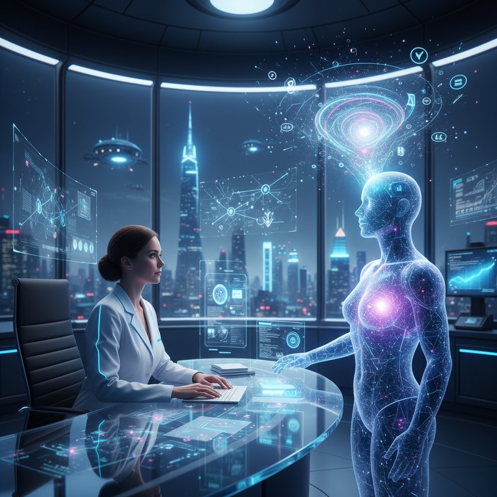 Badacz patrzący na ekran z chatbotem AI, zainspirowany do dalszych badań