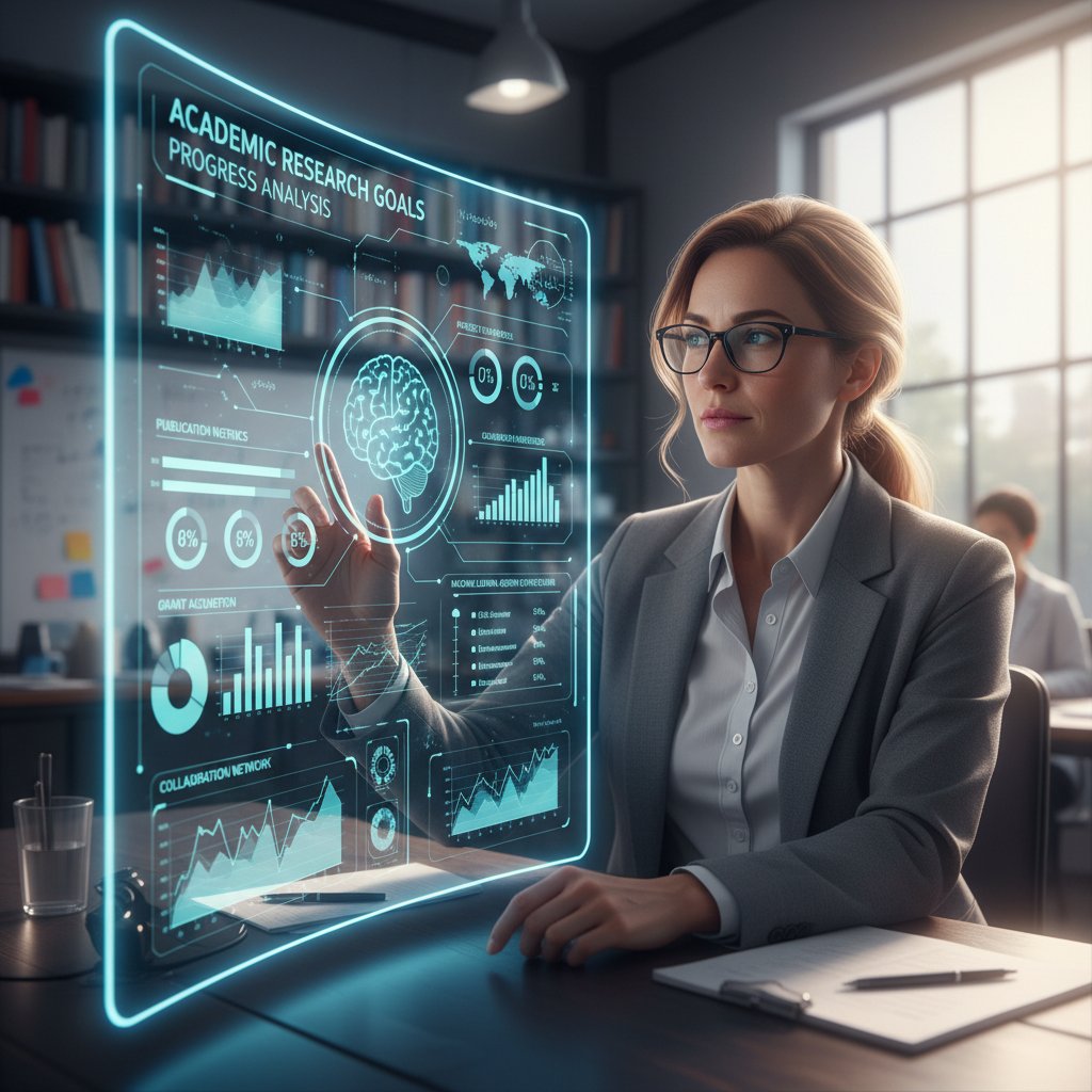 Researcher using AI dashboard to analyze real-time progress on academic goals