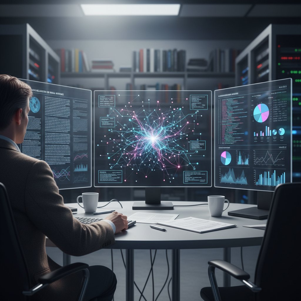 Photo of researcher using AI to analyze and visualize complex data on multiple screens