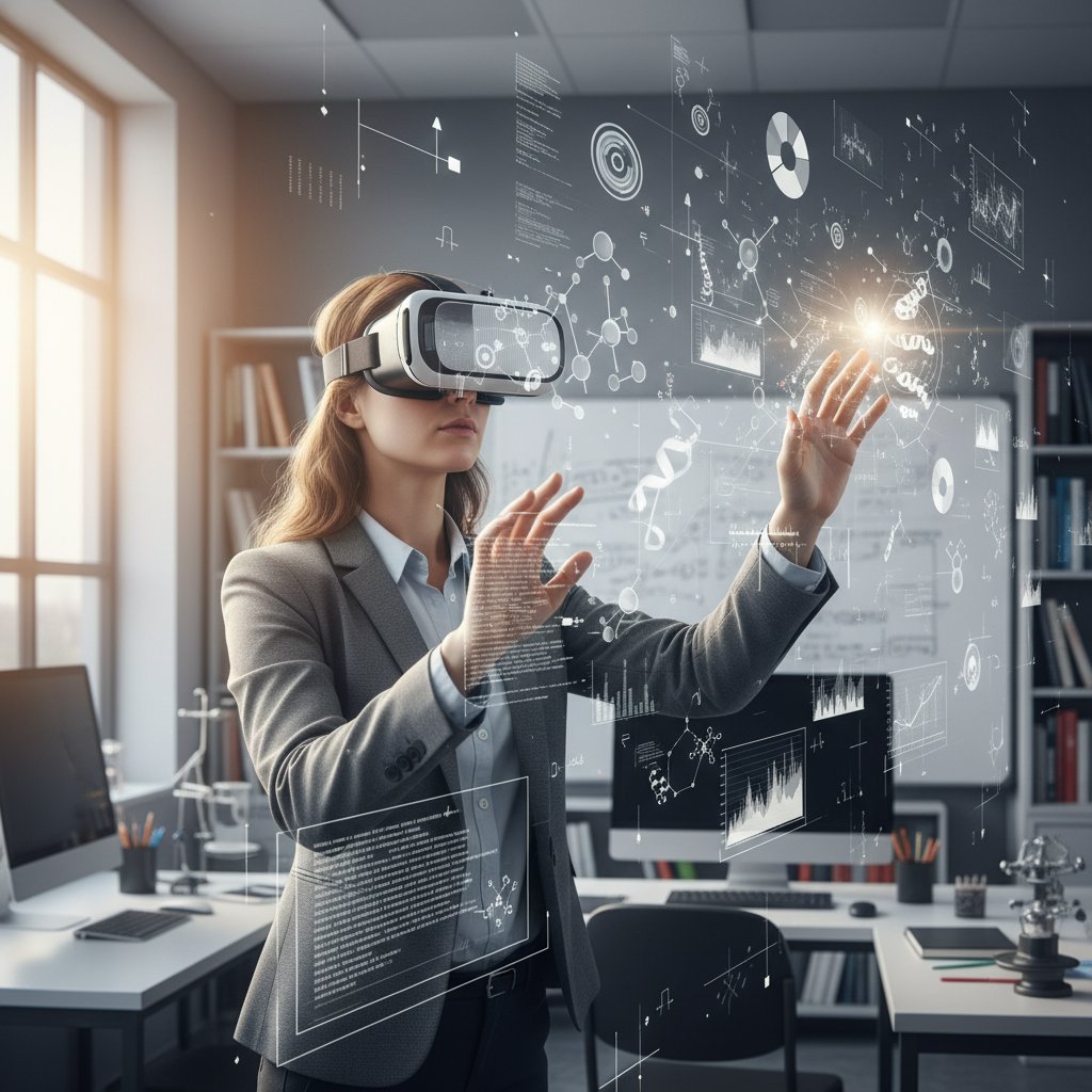 Researcher interacting with immersive academic data visualization using augmented reality technology, exploring 3D data with headset