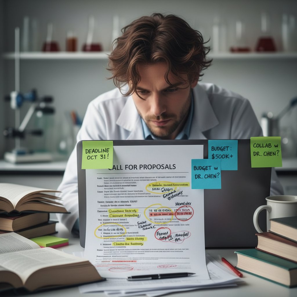 Researcher analyzing a dense call for proposals, with highlighted sections and scribbled notes on alignment