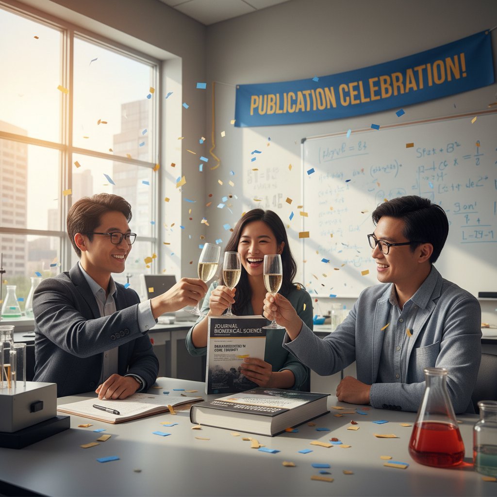 Researcher celebrating digital acceptance of academic paper, online academic publication support, triumph in academic publishing