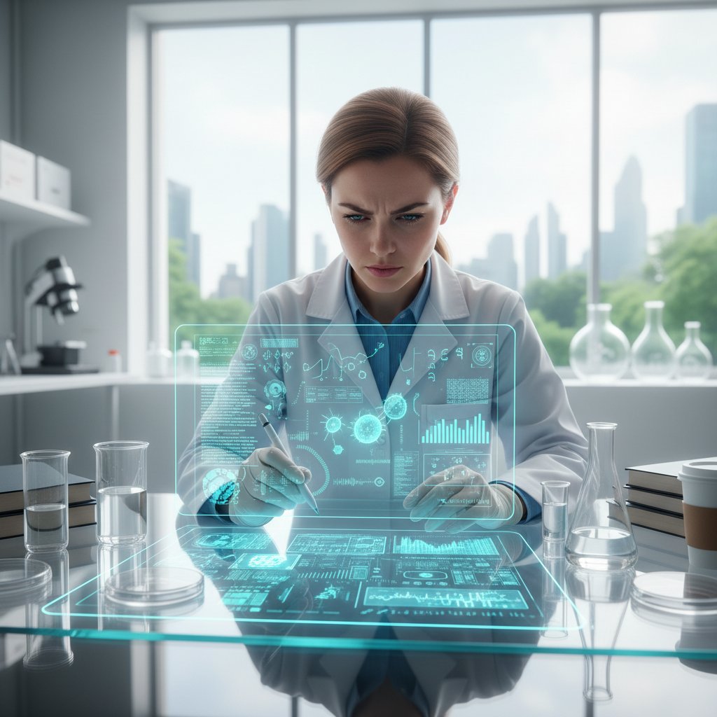 A researcher reviewing clear tables and figures, with focused attention on key variables, embodying efficient data interpretation
