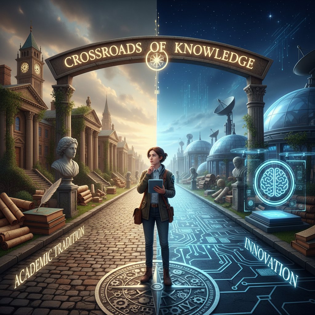 Moody image of a researcher standing at a crossroads between a classical library and a glowing digital path, representing the future of academic research in transition