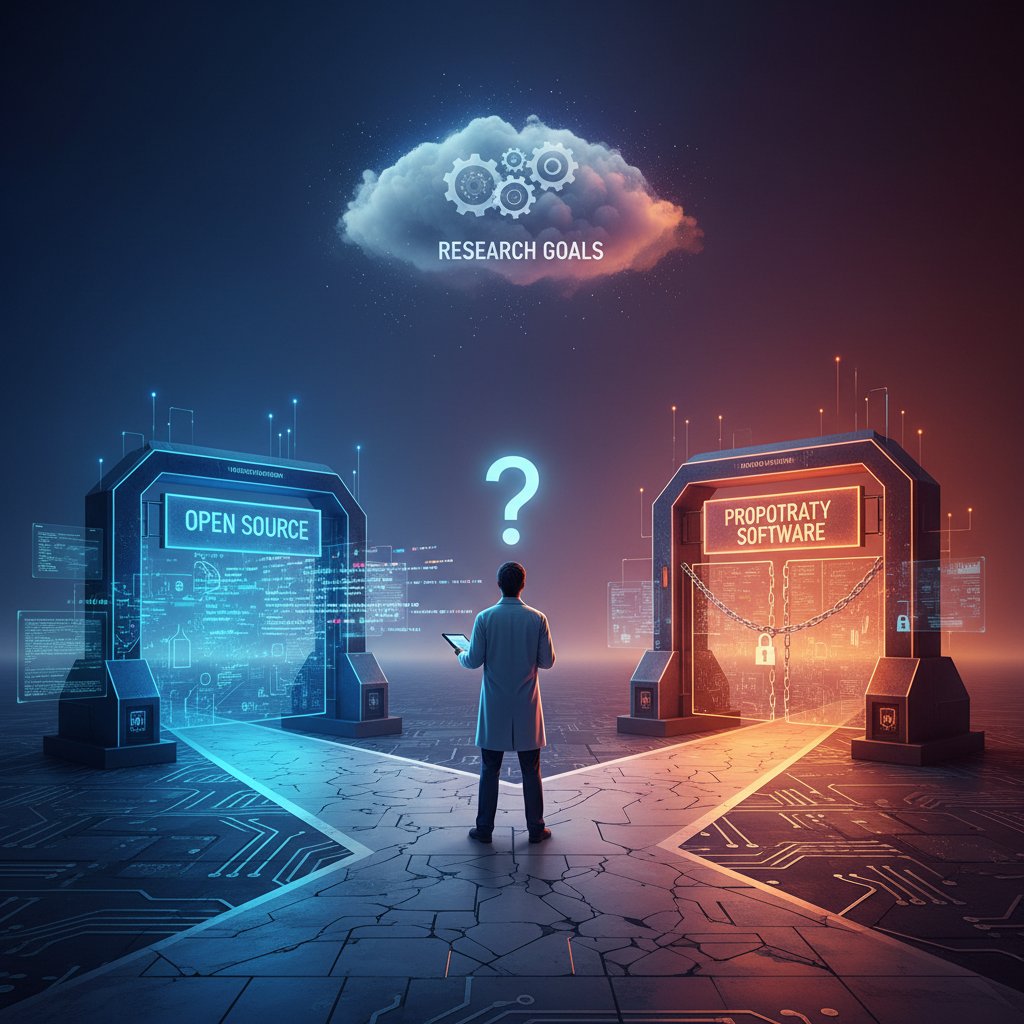 Researcher standing at a crossroads with software icons signposted.