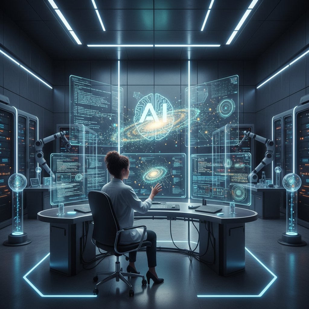 Młoda badaczka analizująca dane na ekranie komputera w ciemnym laboratorium AI – symbol bariery danych