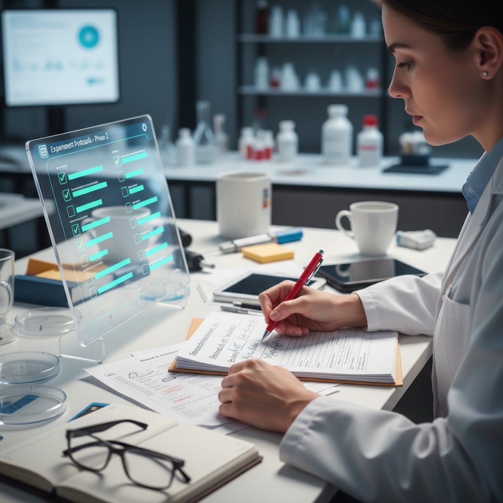 A researcher following a digital checklist on a laptop, cross-referencing paper edits