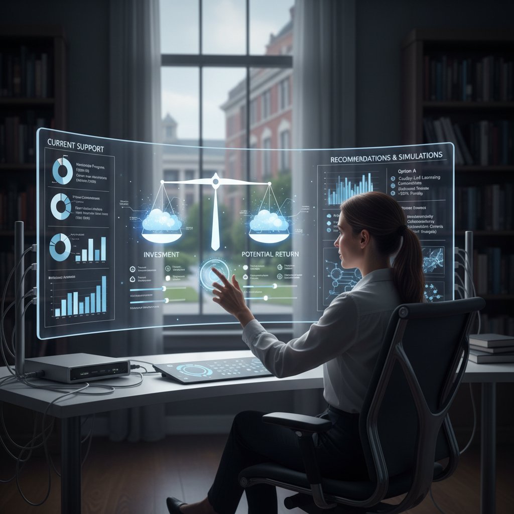 Researcher evaluating academic support choices on a digital dashboard