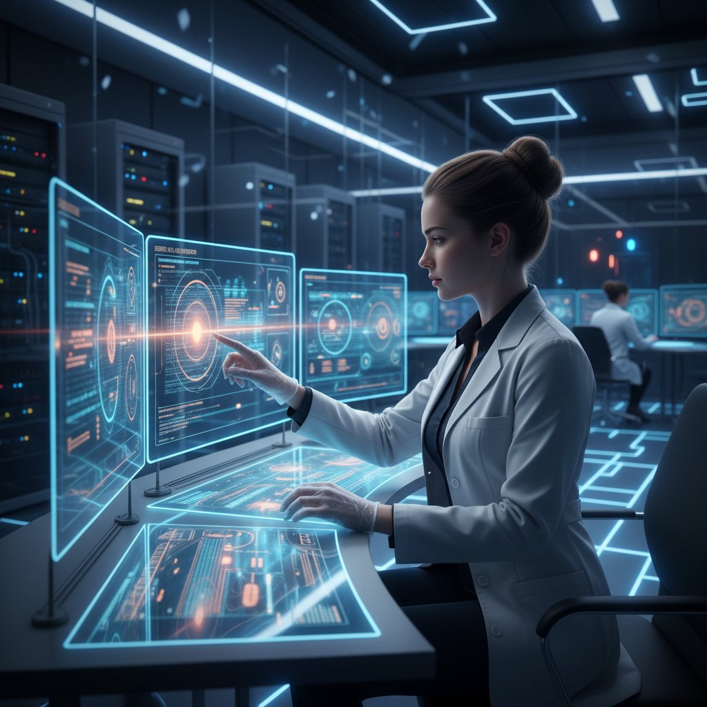Focused researcher annotating errors on a digital dataset in a modern lab, showcasing precision in academic data review