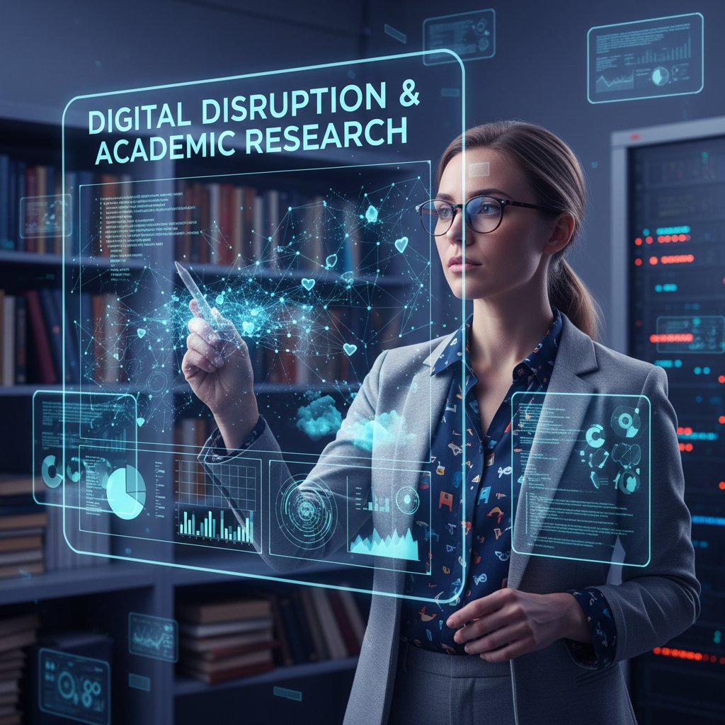 Researcher facing digital disruption in academic research, with data streams and laptop, reflecting the impact of online skills training