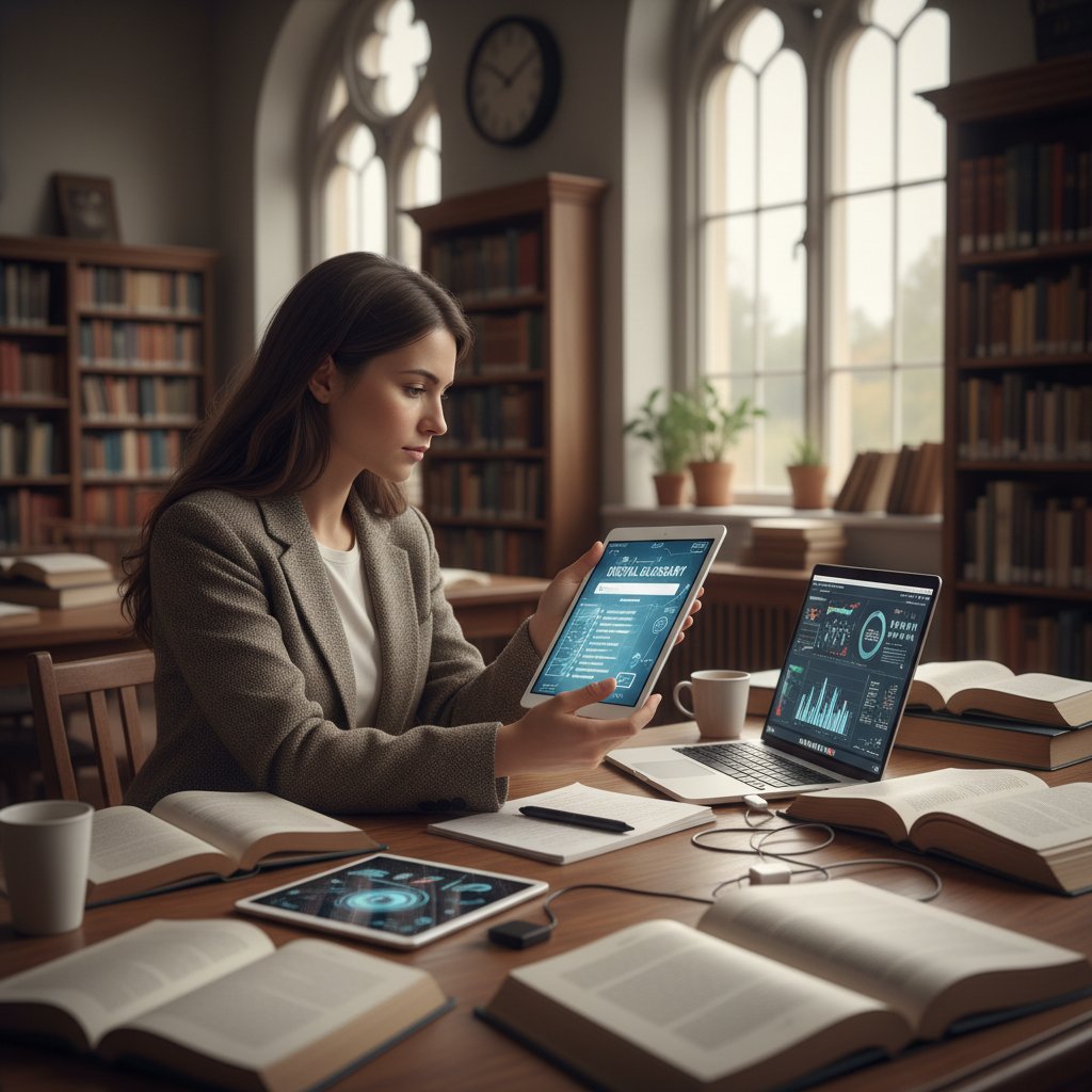 Researcher referencing digital glossary on tablet, surrounded by academic books and devices